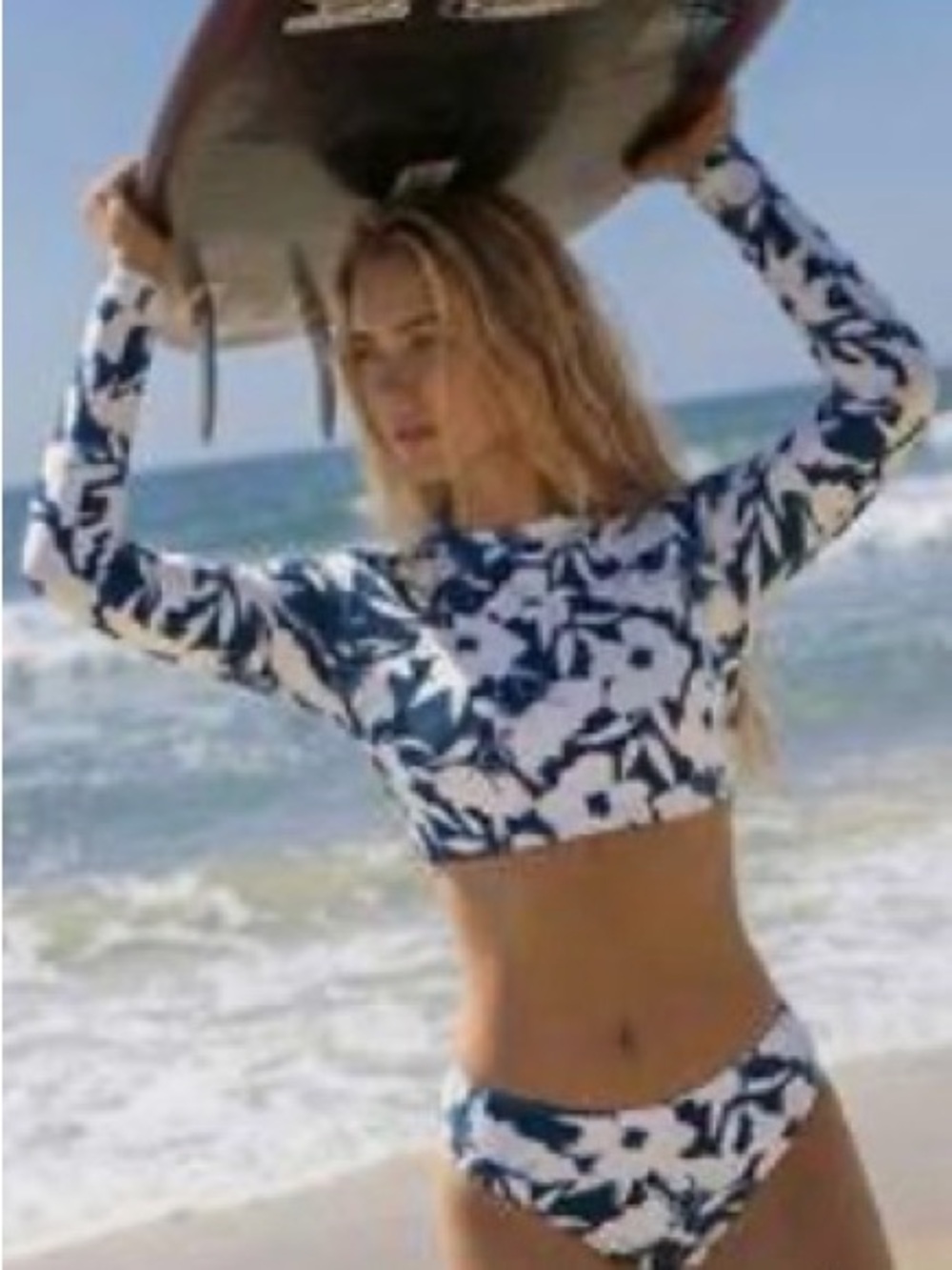 Blue and White Floral Long Sleeve Bikini Set